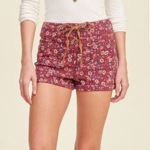Hollister Floral Lace Up Shorts Maroon